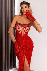 Sexy Red Strapless Sequins Beading Ruffle Split Sweep Train Front Prom Evening Dresses With Gloves